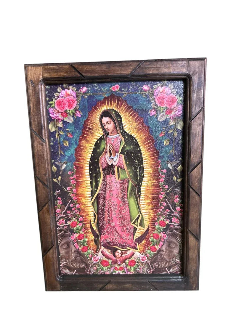 Religious print of Our Lady of Guadalupe in a wood frame, Mexican accent art, 13 x 17.5 inches, Catholic Christian gift artwork