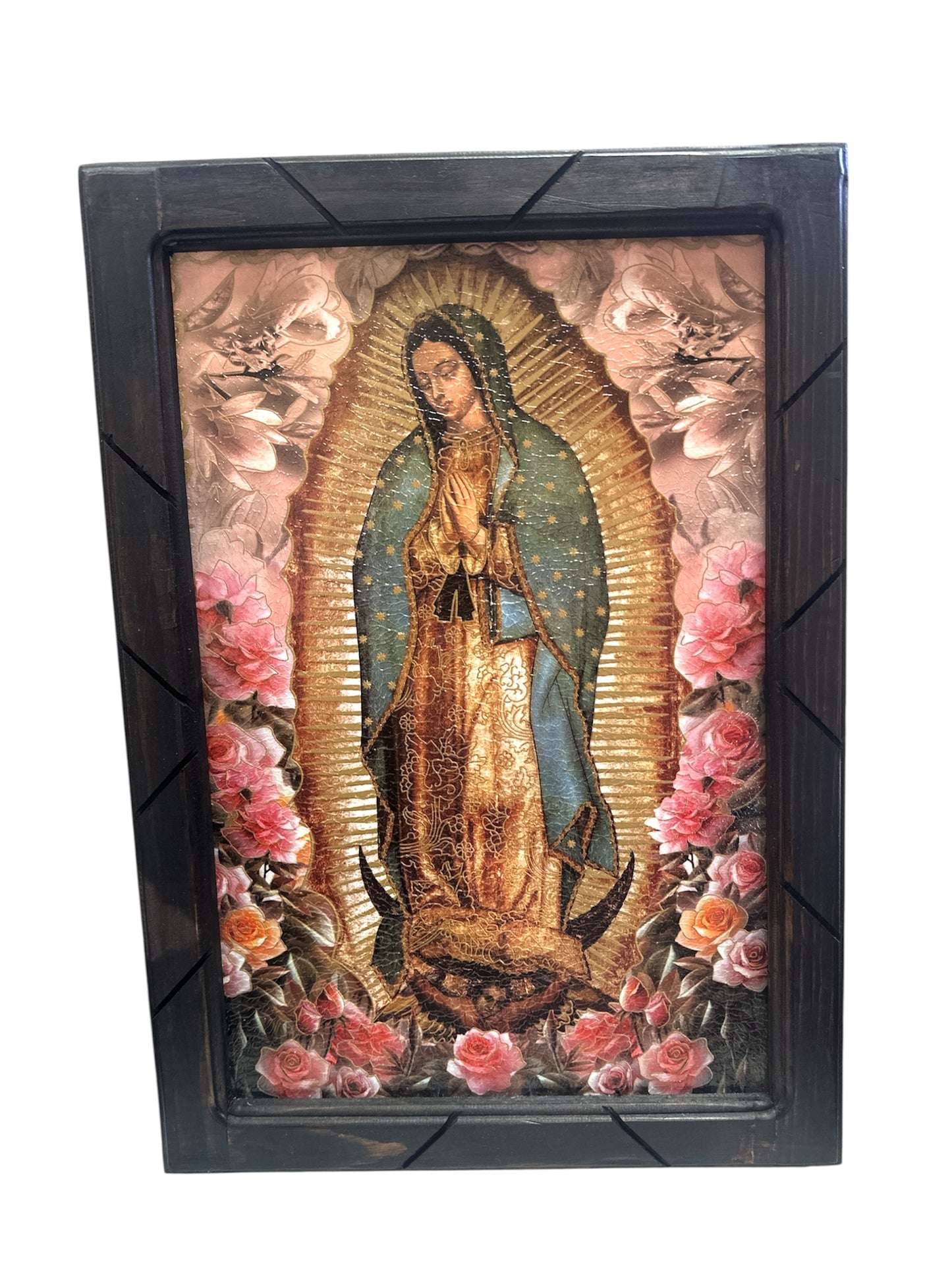 Catholic Our Lady of Guadalupe religious print with wood frame, Mexican Christian artwork, 13 x 17.5 inches, religious gift decor.