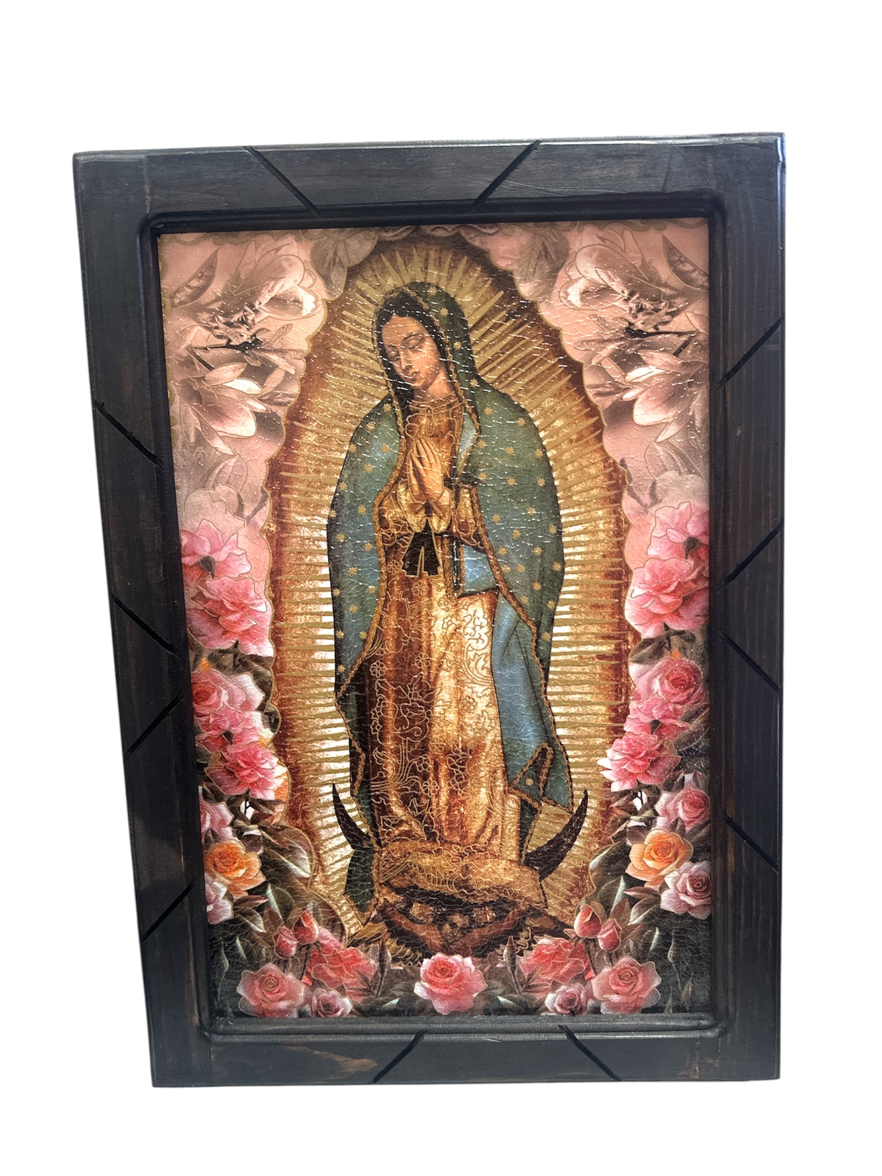 Catholic Our Lady of Guadalupe religious print with wood frame, Mexican Christian artwork, 13 x 17.5 inches, religious gift decor.