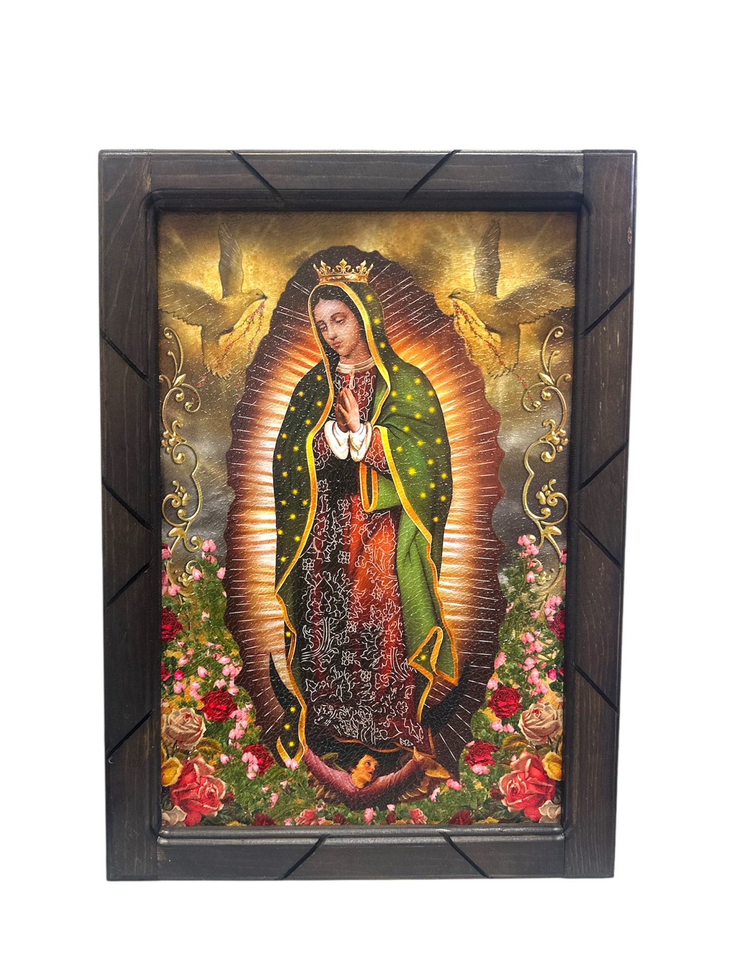 Our Lady of Guadalupe religious print with wood frame, Mexican Christian artwork, 13x17.5 inches, Catholic gift, Ysleta Mission.