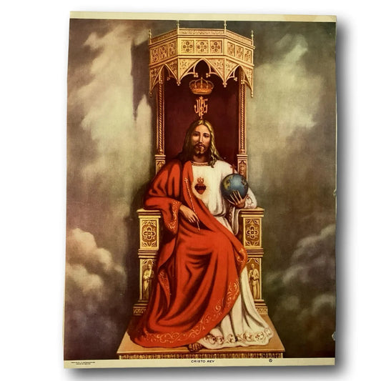 Framed Catholic religious print featuring Christ the King and angels, vintage out-of-print devotional artwork from Ysleta Mission Gift Shop.