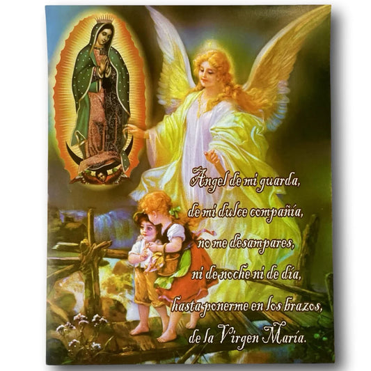 Framed Catholic devotional print of Guardian Angel with Our Lady of Guadalupe, vintage religious artwork by Ysleta Mission Gift Shop.