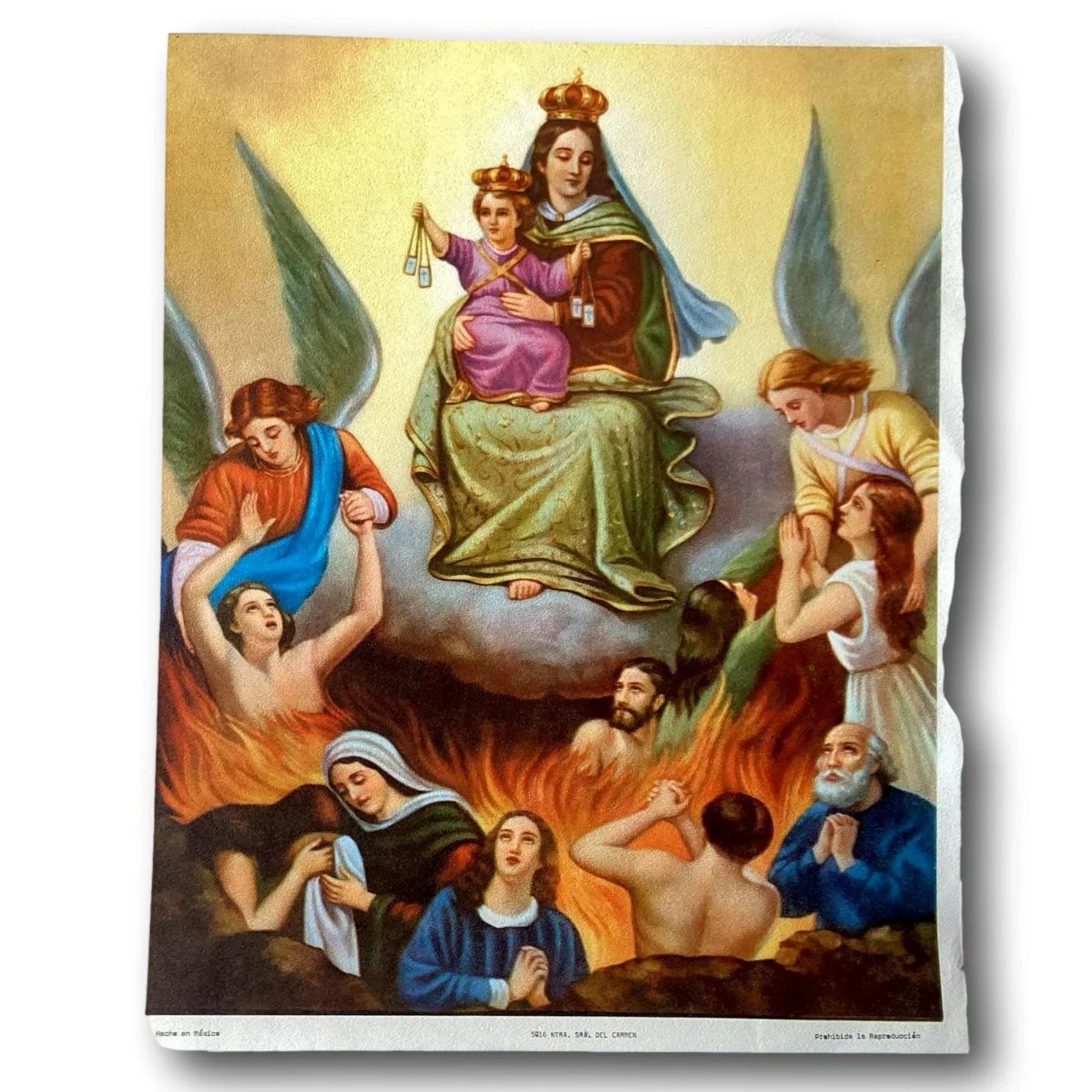 Out-of-print framed Catholic devotional print of Madonna of Mount Carmel with angels, by Ysleta Mission Gift Shop.