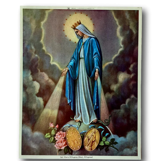 Out-of-print Miraculous Mary religious image framed print, Catholic devotional artwork by Ysleta Mission Gift Shop.