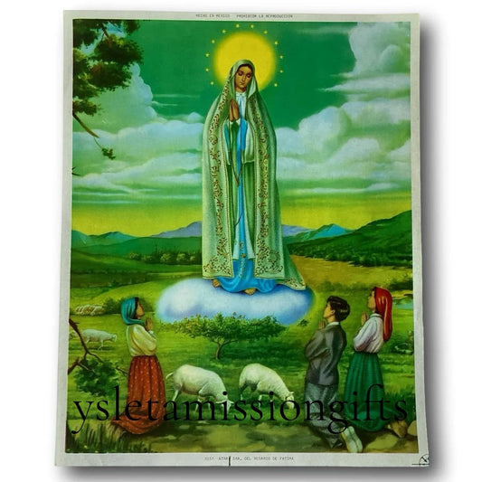 Framed Out-of-Print Religious Image of Our Lady of Fatima, Catholic devotional print from Ysleta Mission Gift Shop.
