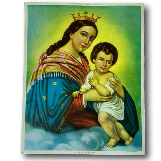 Framed Catholic devotional print of Our Lady of Refuge, Nuestra Señora del Refugio, vintage religious wall art by Ysleta Mission Gift Shop.