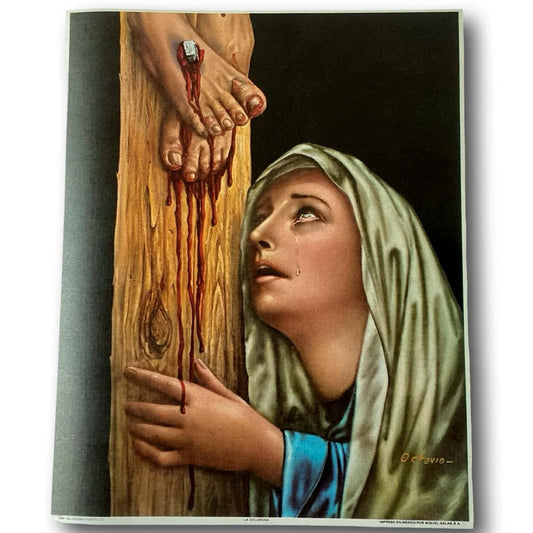 Out-of-print Catholic framed art depicting Our Lady of Sorrows at the Cross, religious devotional print from Ysleta Mission Gift Shop.