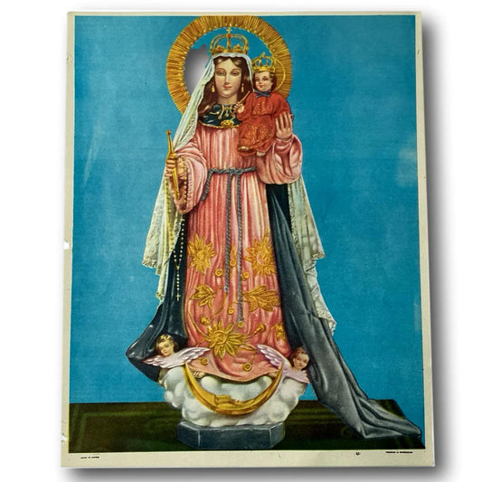Framed Catholic devotional print of Our Lady of the Rosary, out-of-print religious image from Ysleta Mission Gift Shop.