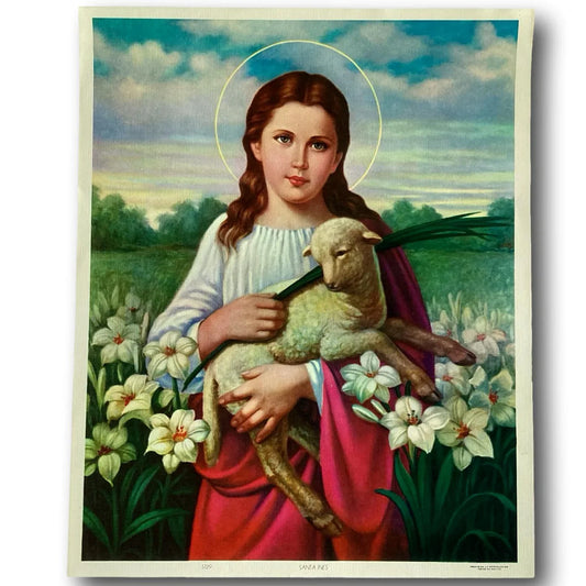 Out-of-print religious image of Saint Agnes and Santa Inés, Lamb of Innocence, framed Catholic devotional art by Ysleta Mission Gift Shop.