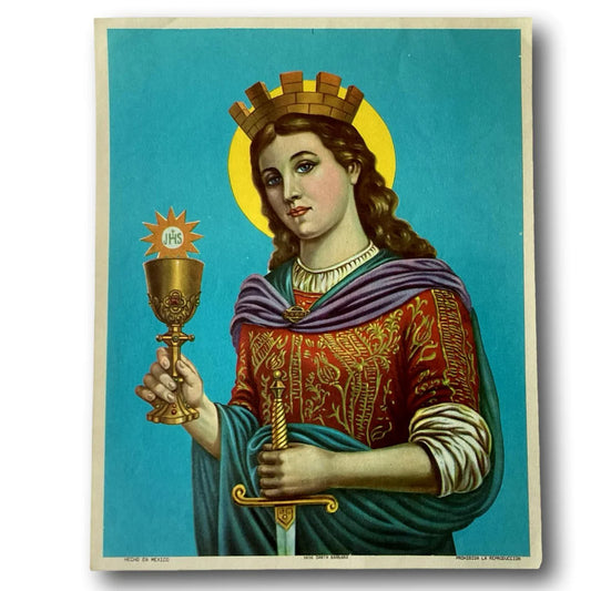 Framed Catholic devotional print of Saint Barbara, protector against storms and sudden death, by Ysleta Mission Gift Shop.