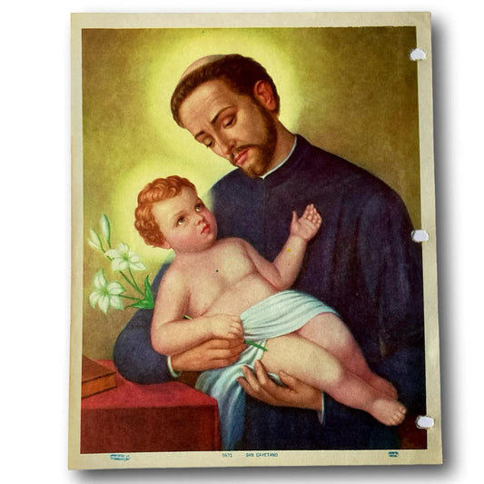 Out-of-print framed religious art of Saint Cajetan with Child Jesus, Catholic devotional print by Ysleta Mission Gift Shop.