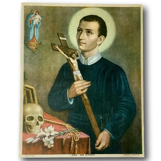 Framed out-of-print religious image of Saint Gerard Majella, Catholic devotional print, from Ysleta Mission Gift Shop.