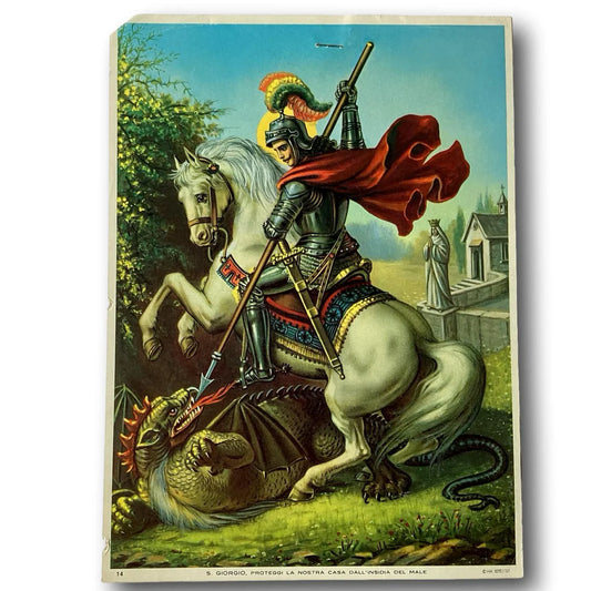 Out-of-print Catholic religious print of Saint Giorgio / San Jorge framed art, depicting the saint in traditional Christian devotional style.