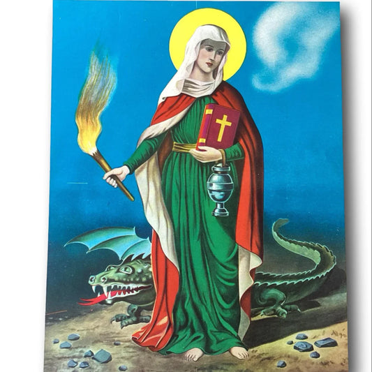 Vintage Mexican framed religious print of Saint Martha with a dragon, Catholic Christian devotional art from Ysleta Mission Gift Shop.
