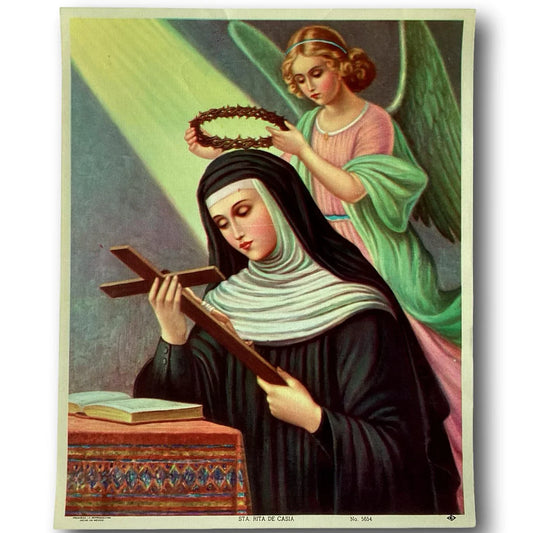 Framed religious print of Saint Rita of Cascia, Catholic devotion gift, depicting patroness of impossible causes, from Ysleta Mission Gift Shop.