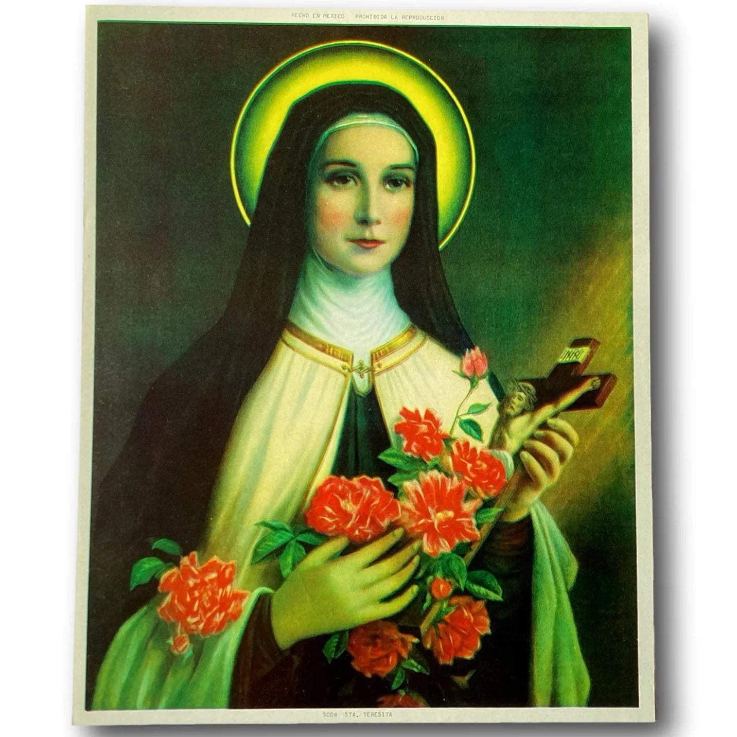 Framed Catholic devotional print of Saint Therese of Lisieux, also known as Santa Teresita, The Little Flower, by Ysleta Mission Gift Shop.