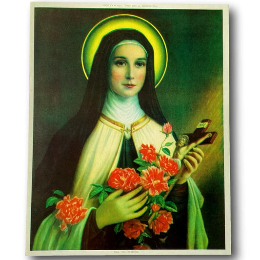 Framed Catholic devotional print of Saint Therese of Lisieux, also known as Santa Teresita, The Little Flower, by Ysleta Mission Gift Shop.