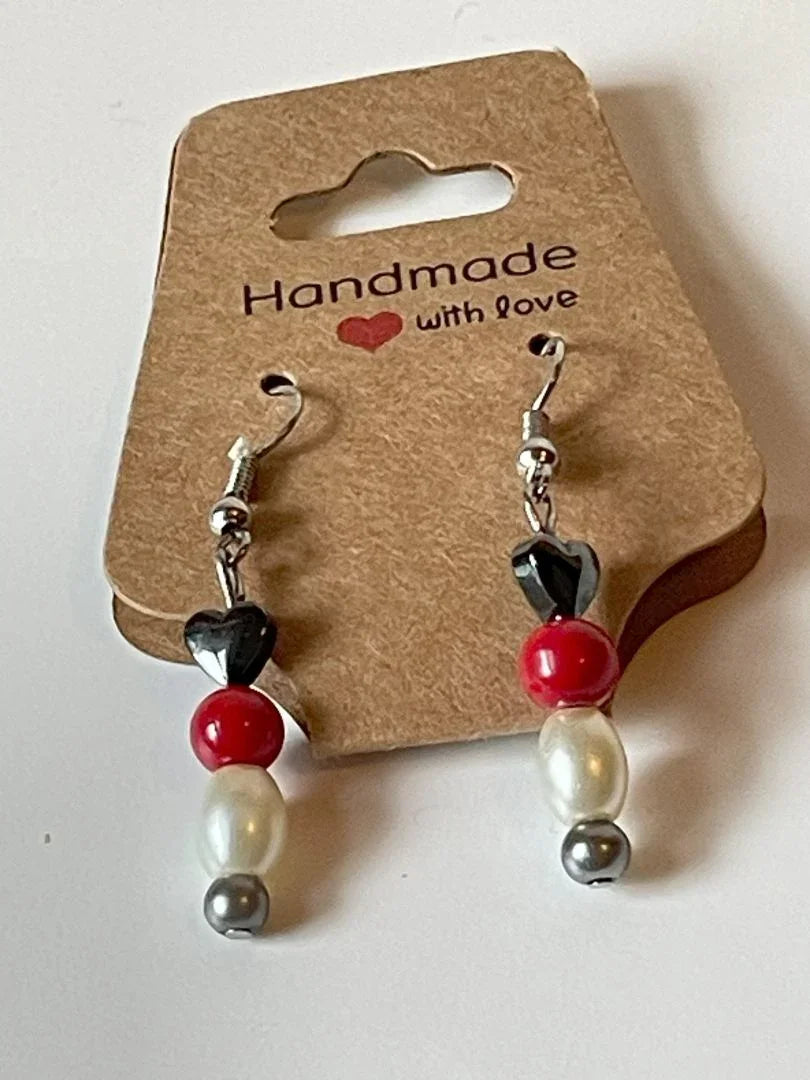Oval pearl and red hematite heart earrings by Sylvia Leroux, 1.5-inch jewelry earrings with elegant design.