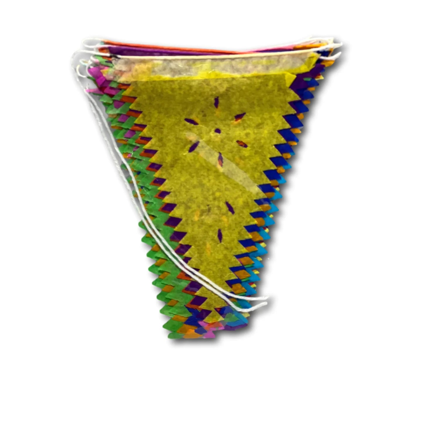 Mini papel picado banner with assorted handcut triangle designs, colorful Mexican seasonal and holiday party decoration.