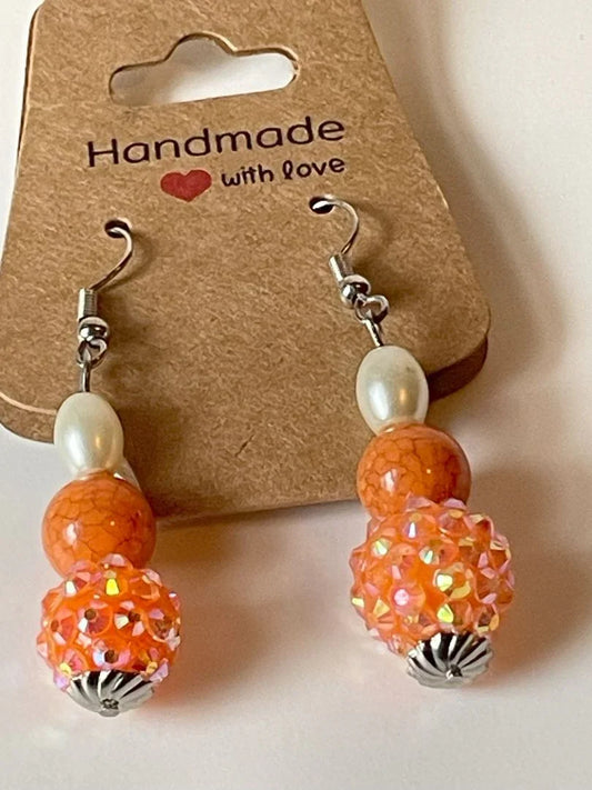 Pastel orange sparkle glass and pearl bead earrings by Sylvia Leroux, 2-inch elegant jewelry and accessories.