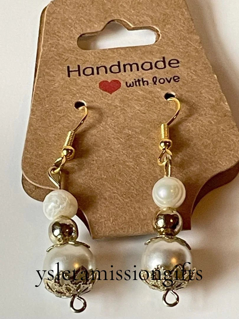 Pearl and gold metal bead earrings, 1.5 inches long, stylish jewelry by Sylvia Leroux featuring elegant pearl and gold accents.