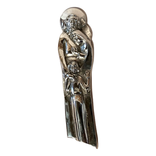 Pewter Holy Family wall hanging Catholic home blessing decor with engraved religious scene, ideal for Christian devotional space.