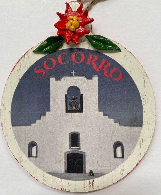 Photo Print Socorro Round Ornament With Poinsettia In Bas Relief - Ysleta Mission Gift Shop