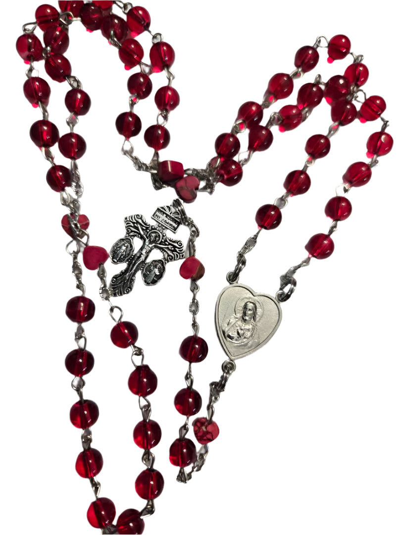 Red Glass Bead Rosary with Blessed Hearts of Mary and Jesus 4X4