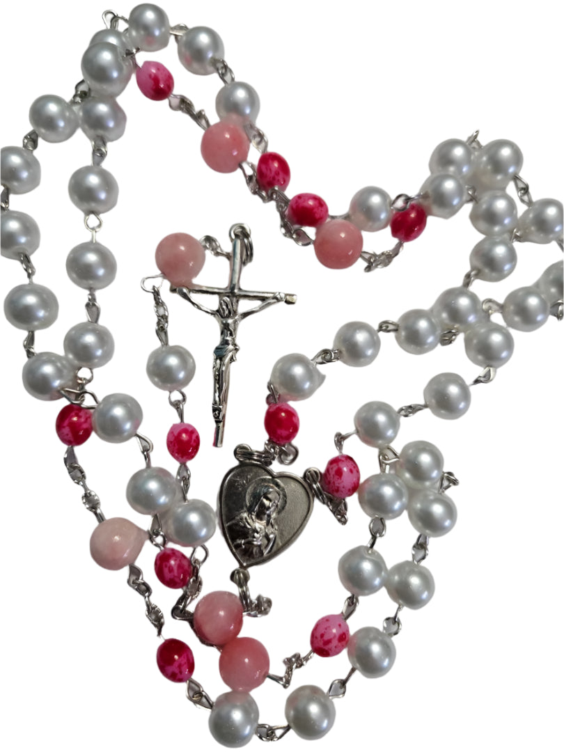 Breathtaking Sensory Rosary with White Pearl & Red Beads 4X4