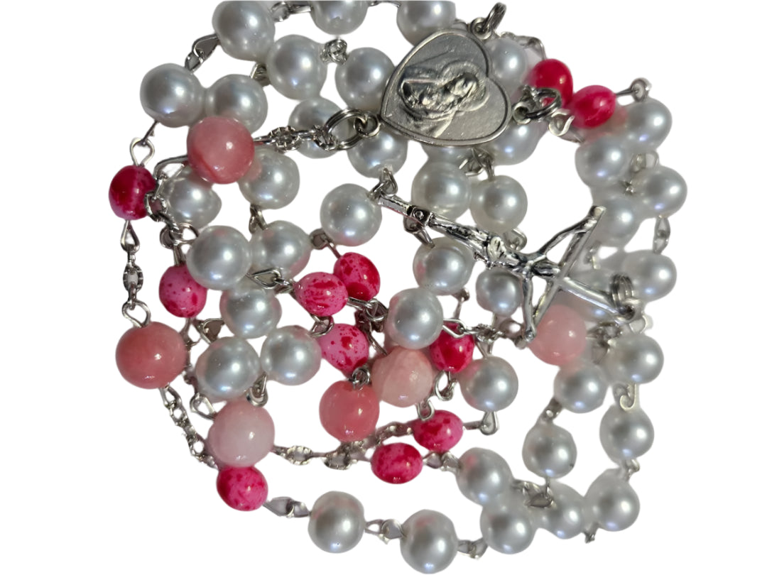 Breathtaking Sensory Rosary with White Pearl & Red Beads 4X4