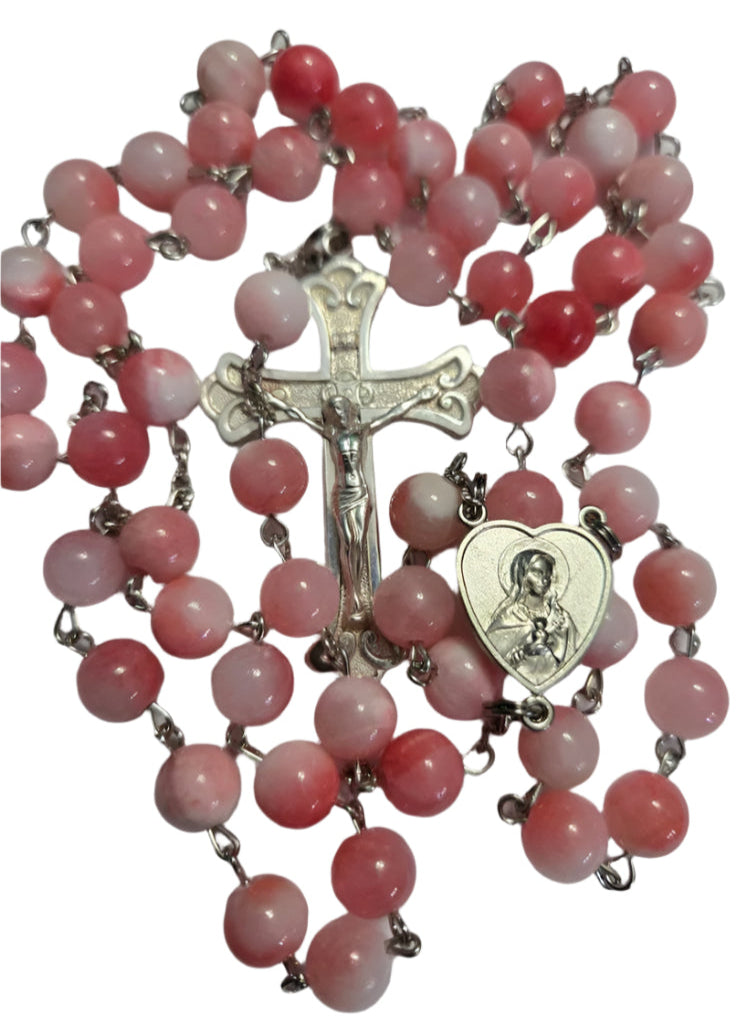 Pink Glass Bead Rosary with Sterling Silver Crucifix & Blessed Hearts 4X4