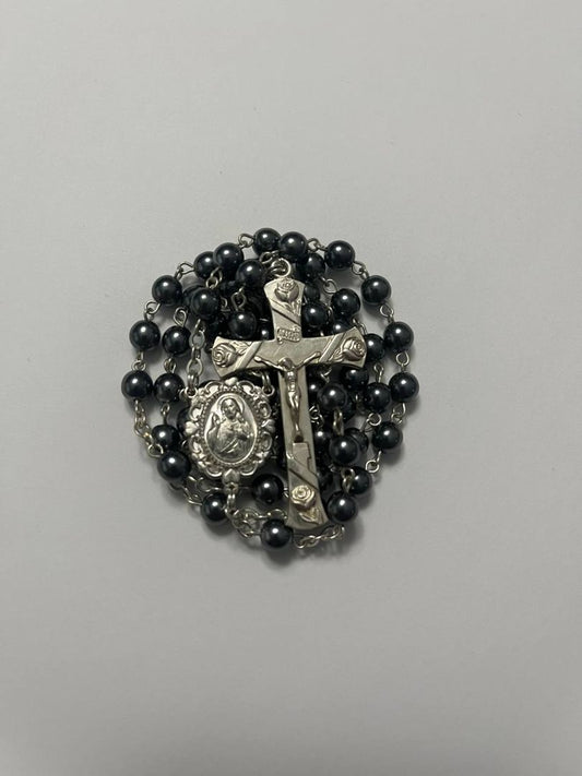 Sacred Heart of Jesus Rosary with Hematite Beads & Sterling Silver Rose Crucifix - Elegance in Every Prayer