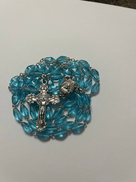 Sacred Heart of Jesus Rosary with Baby Blue Glass Beads & Silver Flowering Crucifix - Inspiring and Serene