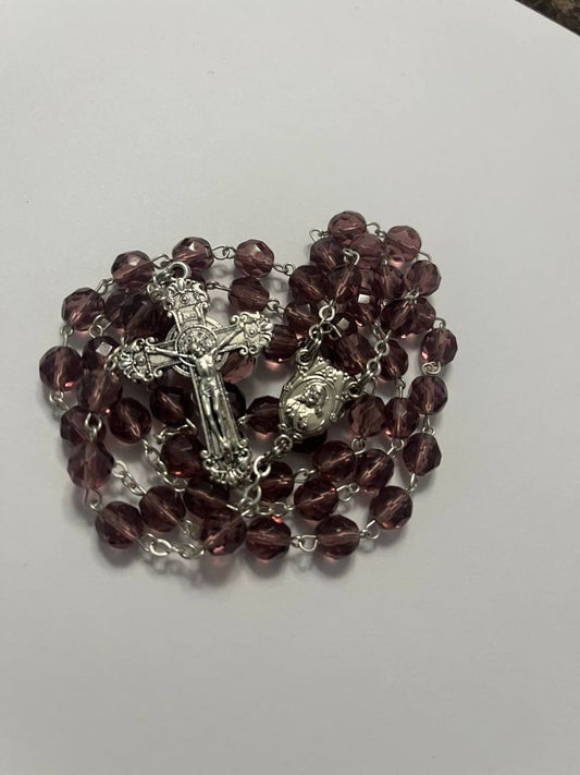 Amethyst-Colored Sacred Heart Rosary with Silver Flowering Crucifix - A Peaceful, Handmade Piece of Devotion