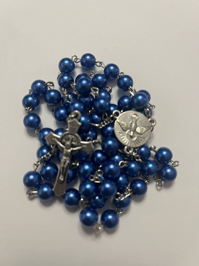 Holy Spirit Rosary with Bright Blue Pearl Beads & Silver Saint Benedict Crucifix - A Perfect Confirmation Gift