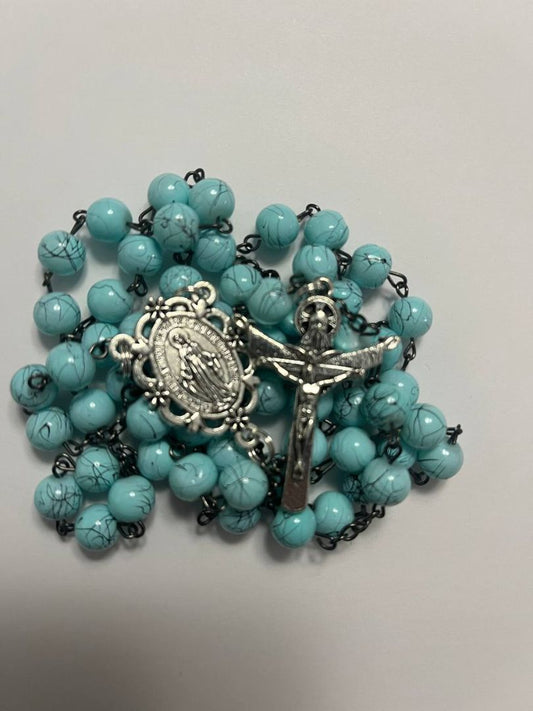 Miraculous Mary Rosary with Blue Marble Glass Beads & Holy Trinity Crucifix - Radiate Devotion with Every Bead