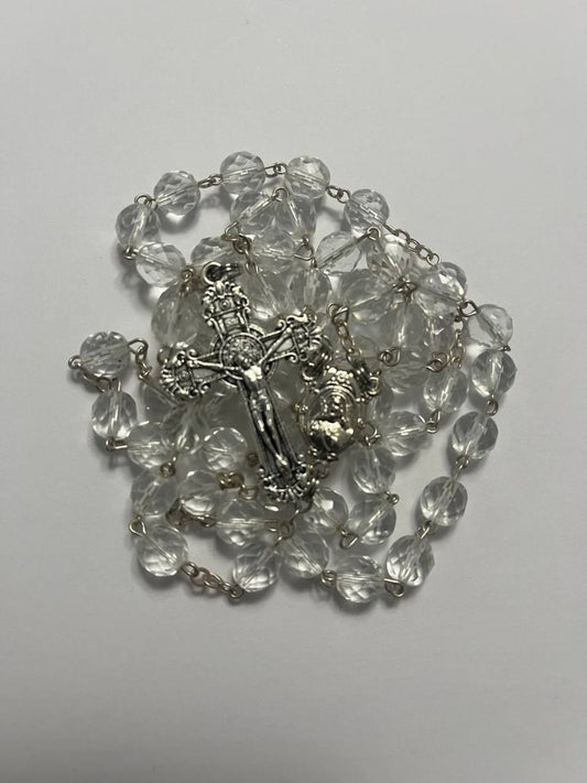 Crystal-Clear Glass Bead Miraculous Mary Rosary with Silver Flowered Crucifix - Elegant Handcrafted Faith