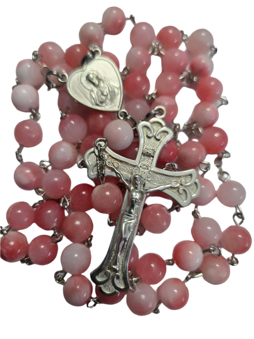 Pink Glass Bead Rosary with Sterling Silver Crucifix & Blessed Hearts 4X4 2