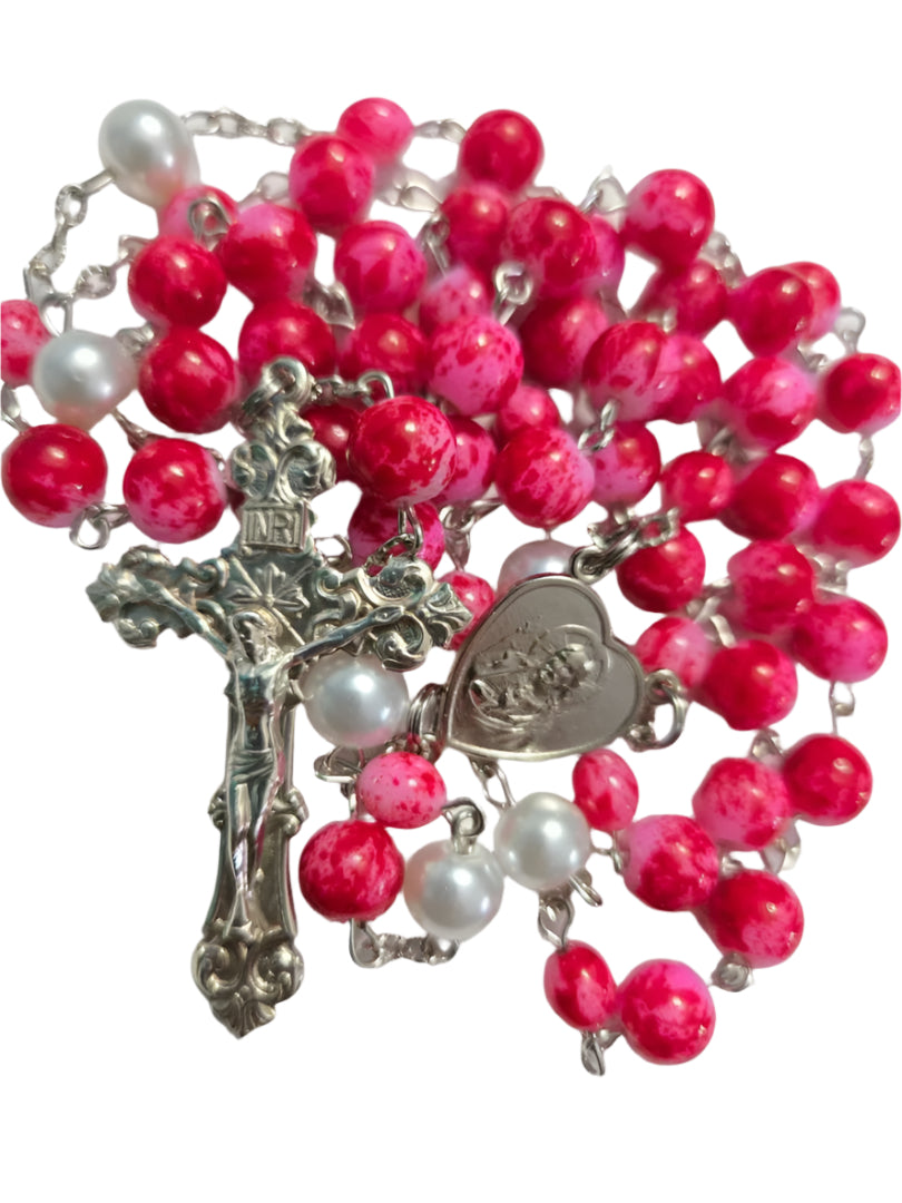 Handmade Sterling Silver Rosary with Red Glass Beads & Blessed Hearts 4X4