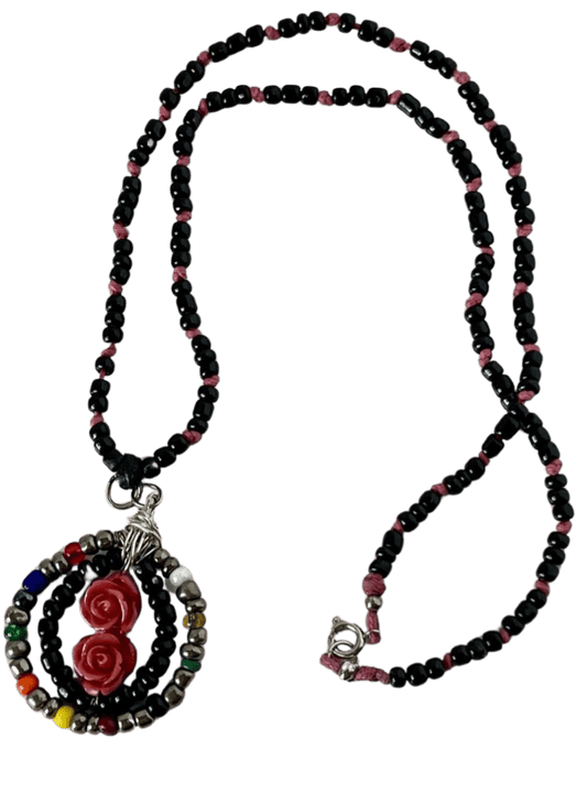 Pink Black Pendant Necklace - 20-Inch Multi-Colored Beads with 1.5-Inch Pendant