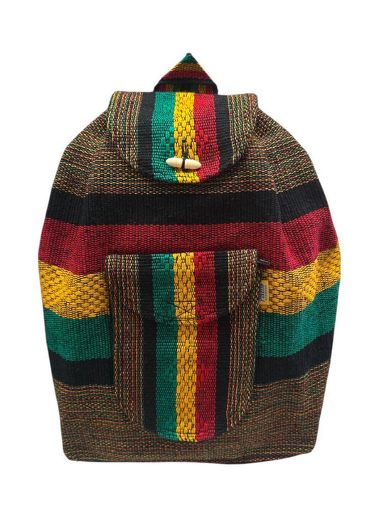 Handcrafted Rasta-inspired artisan backpack by Jose Alberto Chavez featuring vibrant woven patterns and adjustable straps.