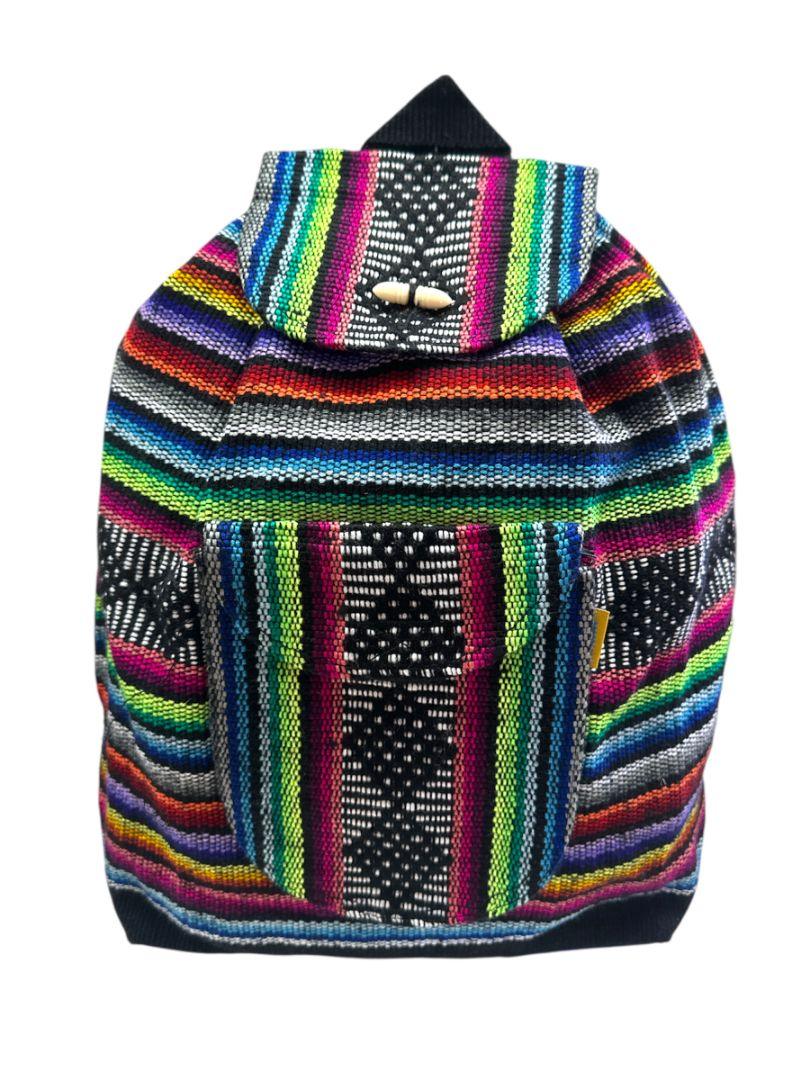 Handcrafted Rasta-inspired artisan backpack by Jose Alberto Chavez featuring colorful woven straps and sturdy fabric, suitable for everyday use.