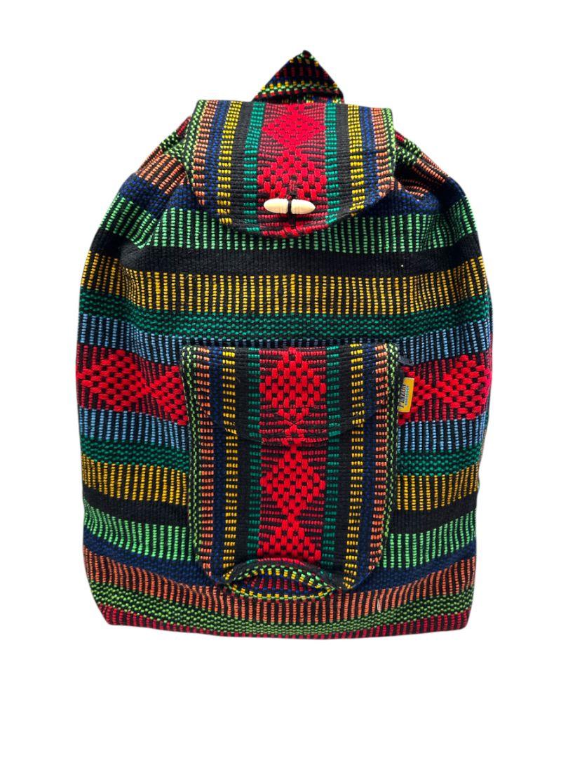 Handcrafted Rasta-inspired artisan backpack by Jose Alberto Chavez featuring vibrant colors and woven fabric design.
