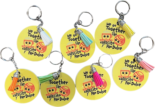 Keychain Round We Go Together "We Go Together Like Cafecito and Pan Dulce" Double-Sided Sublimated Colored Tassel 2.5"
