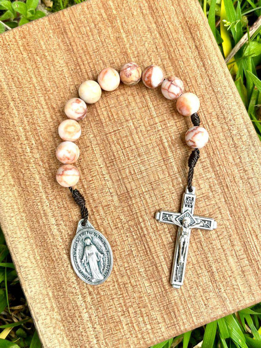 Pocket Rosary One Decade Catholic Stone Beads Peach Red Netstone Miraculous Medal Fatima Crucifix