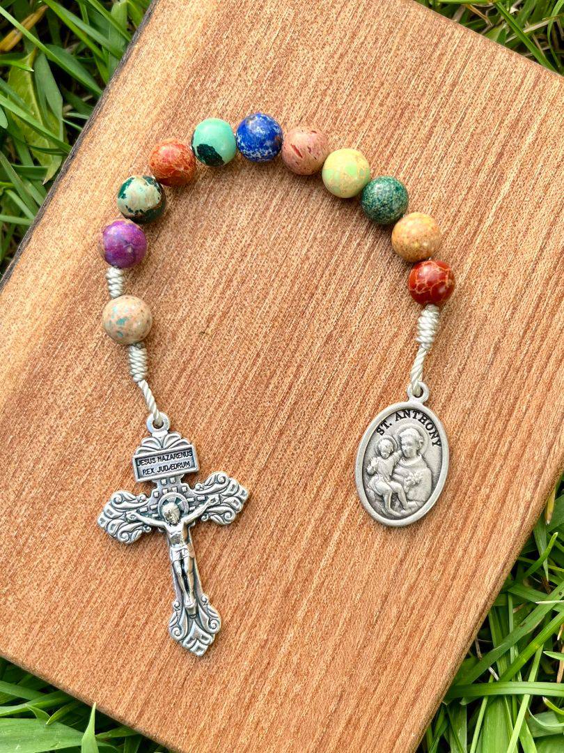 Pocket Rosary Saint Anthony One Decade Catholic Imperial Jasper Stone Beads Pardon Crucifix