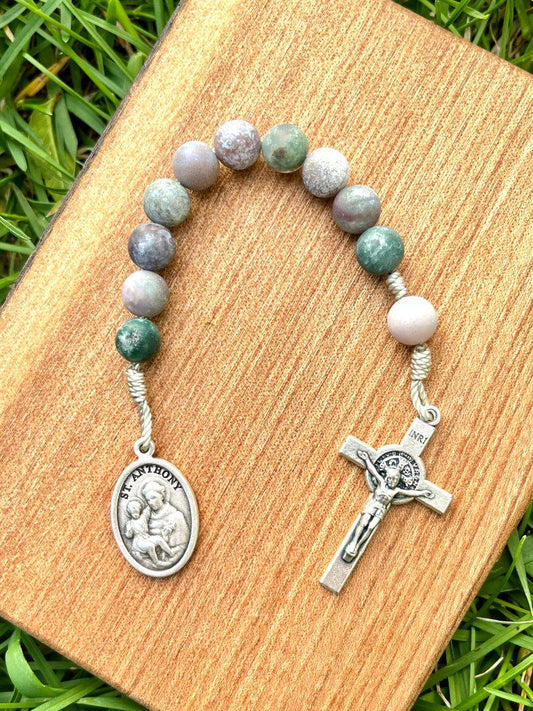 Pocket Rosary Saint Anthony One Decade Catholic Indian Agate Stone Beads Saint Benedict Crucifix