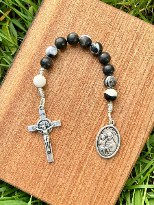 Pocket Rosary Saint Anthony One Decade Catholic Jasper Stone Beads Saint Benedict Crucifix