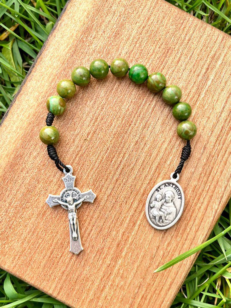 Pocket Rosary Saint Anthony One Decade Catholic Jasper Stone Beads Saint Benedict Crucifix