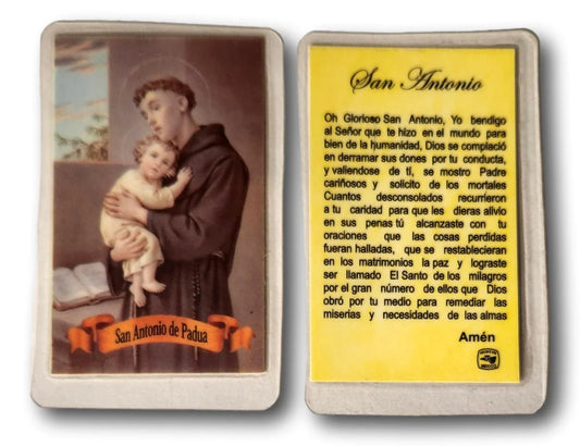 Pocket-sized laminated prayer card featuring San Antonio de Padua, a portable Catholic devotional keepsake from Ysleta Mission Gift Shop.